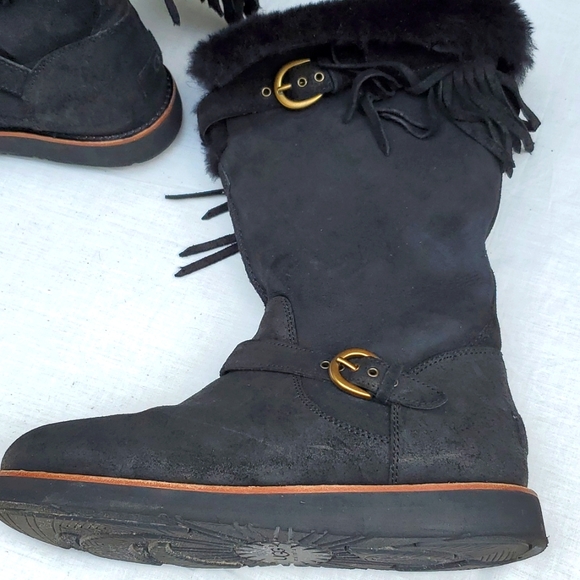 UGG Dauphine US Size 10 Woman Black Fringe Leather Sheep Skin Boot Fall Winter - Picture 8 of 16